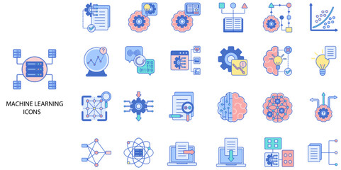 Machine Learning simple concept 24 color icons set. Contains such computation, intelligence, processing, quantum .Vector illustration.