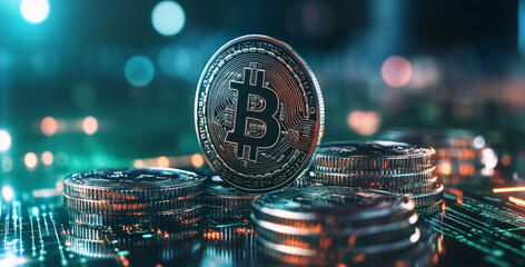 A collection of bitcoin coins is displayed on a circuit-board-style surface, symbolizing digital currency and secure financial transactions in the technology-driven banking environment.