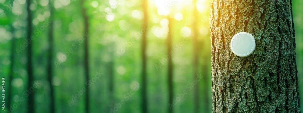 Poster forest scene with tree trunk and white object in natural light