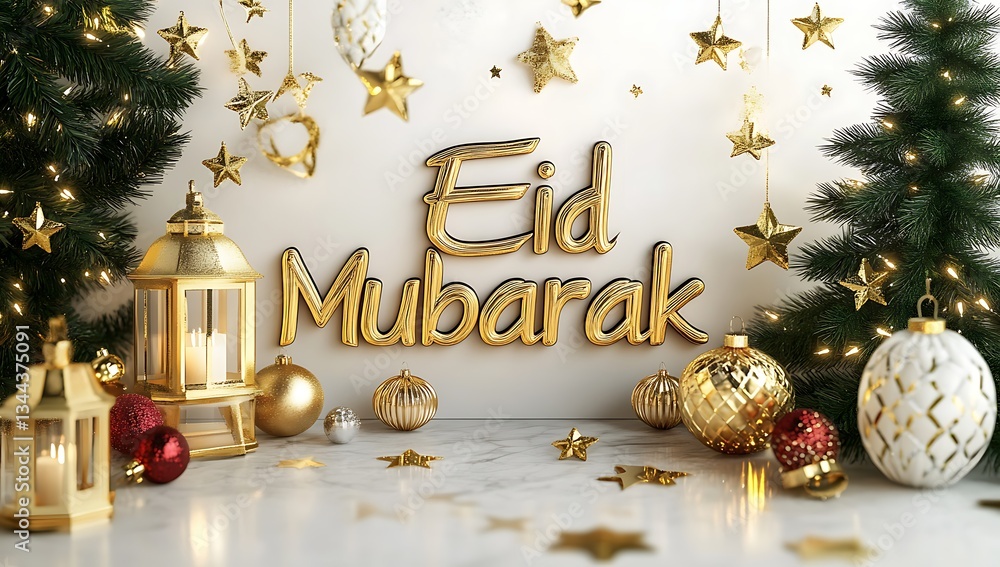 Fototapete 3d rendering of the phrase eid mubarak in golden lettering, with a crescent moon and lanterns hangin