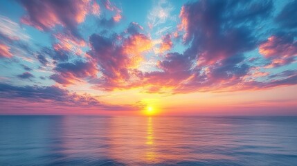 Obraz premium Vibrant sunset over calm ocean; colorful cloudscape reflecting on tranquil water.