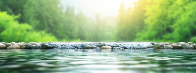 Fototapeta premium Tranquil Stream with Clear Water and Lush Green Forest Background