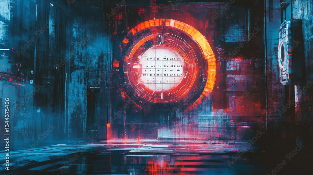 Poster futuristic digital artwork depicting vibrant, glowing circular portal dark, abstract environment. sc