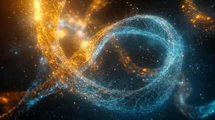 mesmerizing digital representation of intertwined glowing strands blue and orange, creating captivating visual effect. luminous particles evoke sense of movement and energy, resembling cosmic