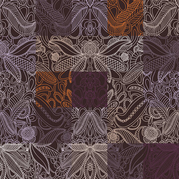 Pattern with white lace drawing on squared background. Endless colorful texture. Print for furniture upholstery, home textile, women's wear, print for ceramic tiles and wall paper.