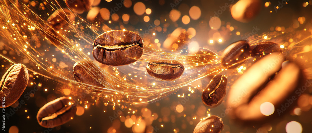 Poster rich coffee beans float gracefully through shimmering backdrop of golden light, creating dynamic and