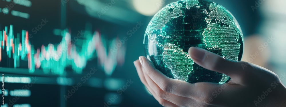 Poster hand holding digital globe with data visualization and charts