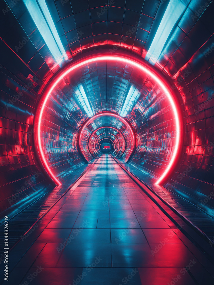 Aufkleber futuristic tunnel illuminated by vibrant neon lights creates mesmerizing atmosphere. circular patter