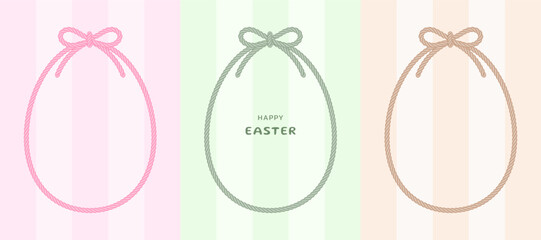 Easter rope frame with bow on pastel stripes background. Cute egg-shaped string line with pink, green, and brown borders for cards, invitations, banners, labels, gift tags, and more.