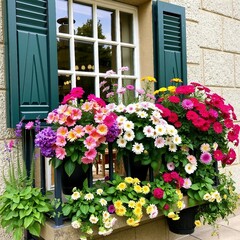 Naklejka premium Farbenfrohe Blumenpracht auf einem sonnigen Balkon mit Blick ins Grüne, ideal für Balkongestaltung und Garteninspiration