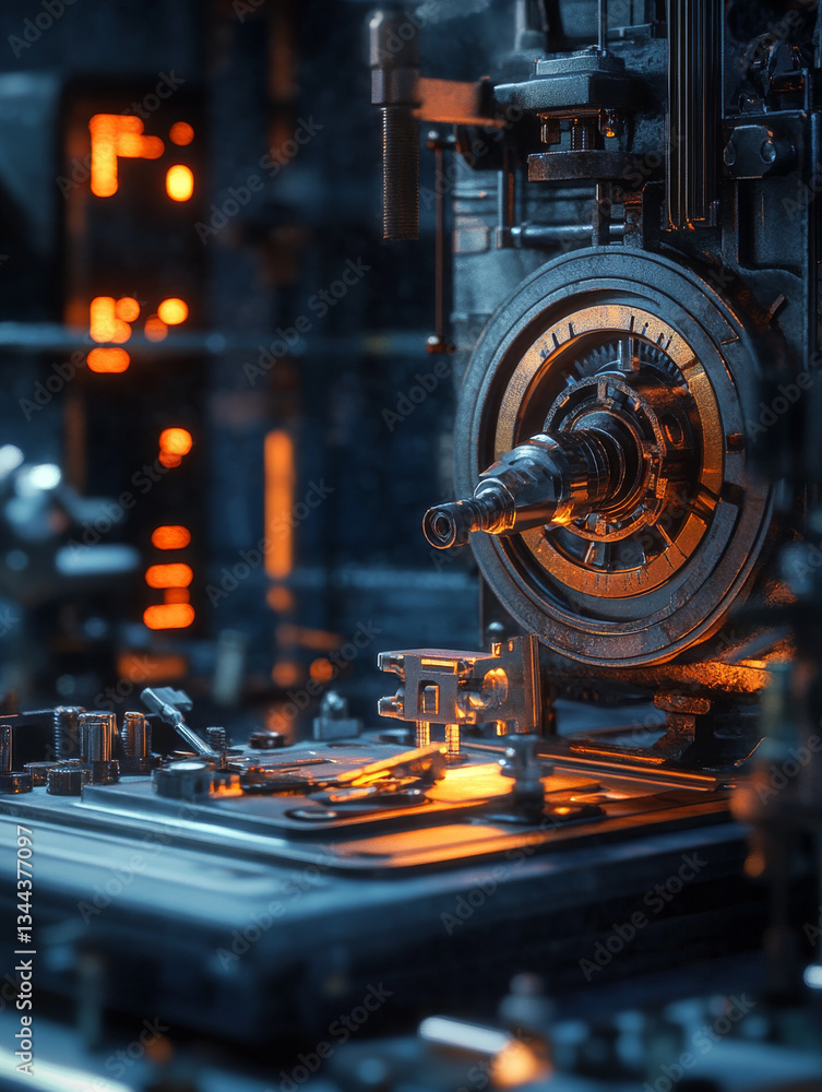 Poster detailed view of mechanical device with intricate gears and glowing elements, showcasing craftsmansh