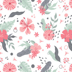 Colorful hibiscus flower with tropical leaf seamless pattern design for summer holidays background.
