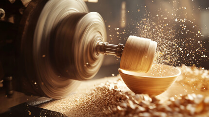 lathe machine is actively shaping wooden bowl, with shavings flying and warm glow illuminating scene, showcasing artistry of woodworking