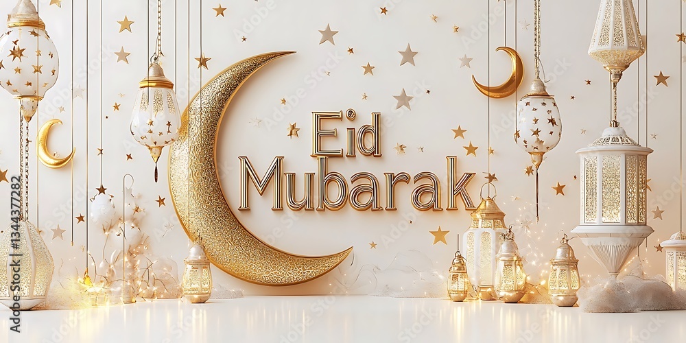 Fototapete 3d rendering of the phrase eid mubarak in golden lettering, with a crescent moon and lanterns hangin
