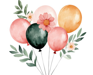 Colorful balloons with flowers and leaves for celebration isolated on transparent background