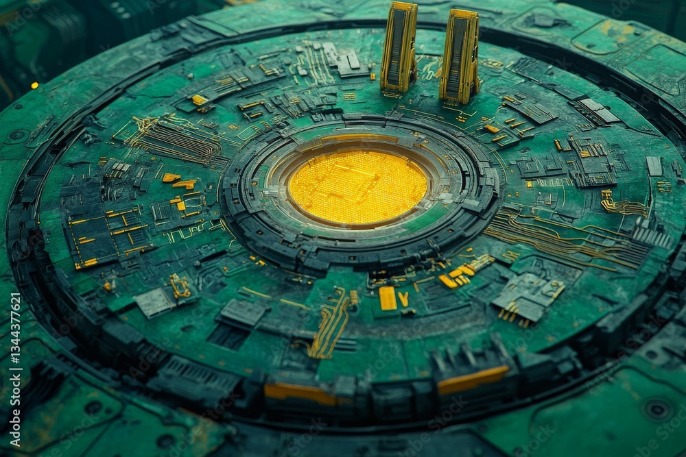 Aufkleber a futuristic metaverse setting featuring an octagon tunnel filled with polygon shapes and circuit bo