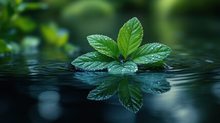 Lush green plant with dew drops floats on calm water, reflecting in the surface.