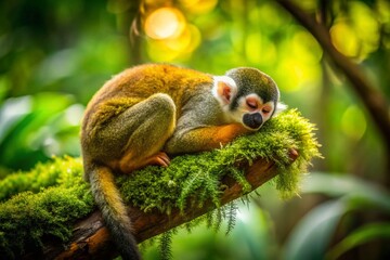 Obraz premium Sleepy Squirrel Monkey in Lush Jungle Canopy: Siesta in Warm Sunlight