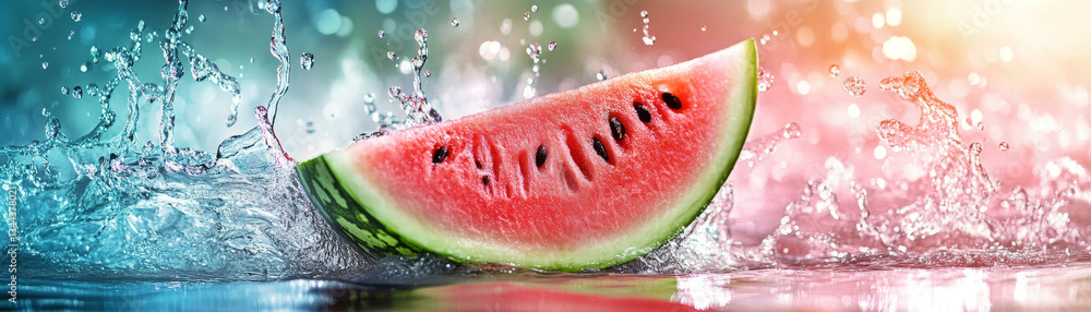 Poster vibrant watermelon slice splashes into water, creating dynamic droplets and colorful background. thi