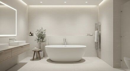 Modern Bathroom Interior with Freestanding Bathtub and Neutral Color Palette