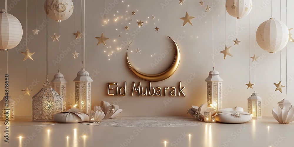 Fototapete 3d rendering of the phrase eid mubarak in golden lettering, with a crescent moon and lanterns hangin