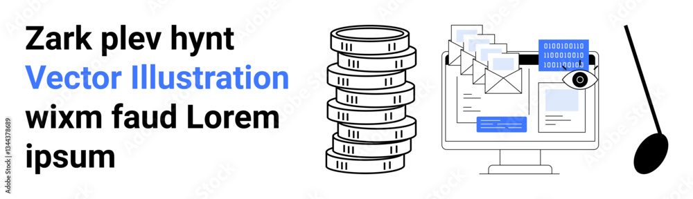 Poster stack of coins, computer displaying emails and analytics, magnifying glass. ideal for finance, commu
