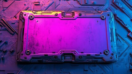 A futuristic 3D render featuring a technological background with purple, sci-fi panels