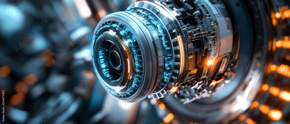 Aufkleber close up view of futuristic aerospace engine showcasing intricate mechanical details and glowing ele