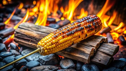 Smoky Grilled Corn on the Cob, Rustic Wooden Stick, Summer BBQ