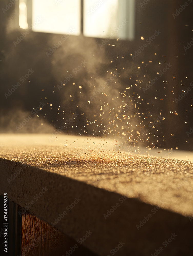 Poster dust particles float in air, illuminated by soft light, creating serene atmosphere in workshop. scen