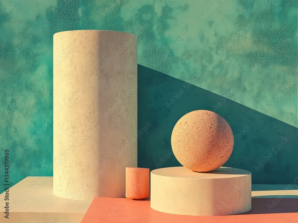 Aufkleber front view of 3d abstract image of two spheres on pedestals and cylinders behind them against blue b