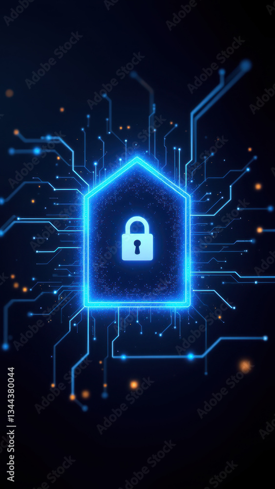 Poster cybersecurity with a house lock and digital networks.