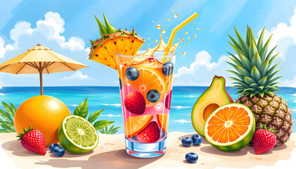Vibrant fruit cocktail in glass with assorted fresh fruits and beach backdrop