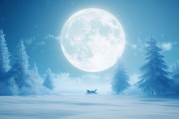 Magical Winter Solstice Santa's Sleigh Under a Giant Moon in Snowy Forest