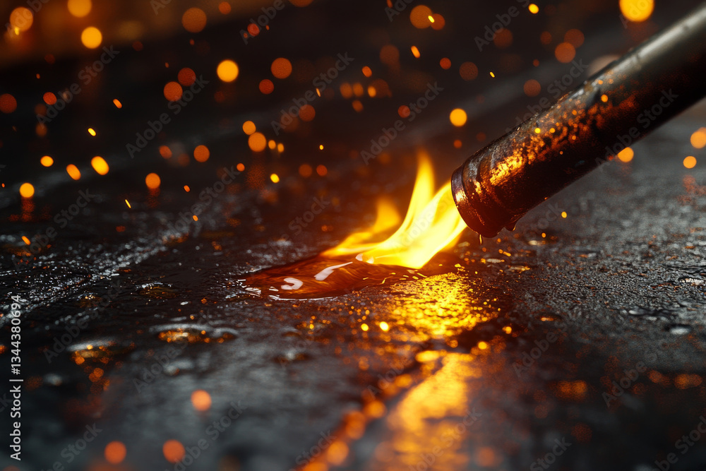 Poster blowtorch ignites flame dark surface, creating mesmerizing display of sparks and glowing embers. int