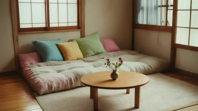 Minimalist interior design of modern Japanese-style bedroom with futon and wooden table
