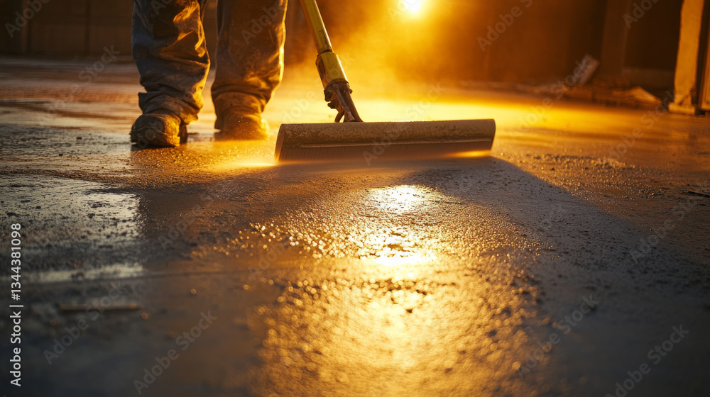 Poster worker is finishing concrete surface with roller, creating smooth and polished finish. warm glow of 