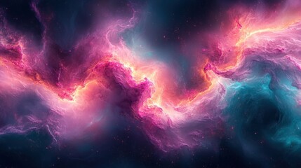 Obraz premium Abstract cosmic nebula with swirling pink, orange, and teal clouds in space.