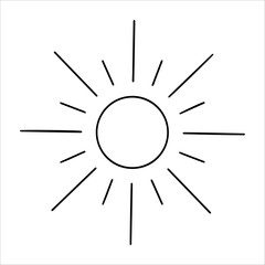 Hand drawn sun in line art style. Simple outline sun with ink strokes isolated on white background. Concept of sun for summer, weather, nature, and artistic design in minimalistic style. Sun