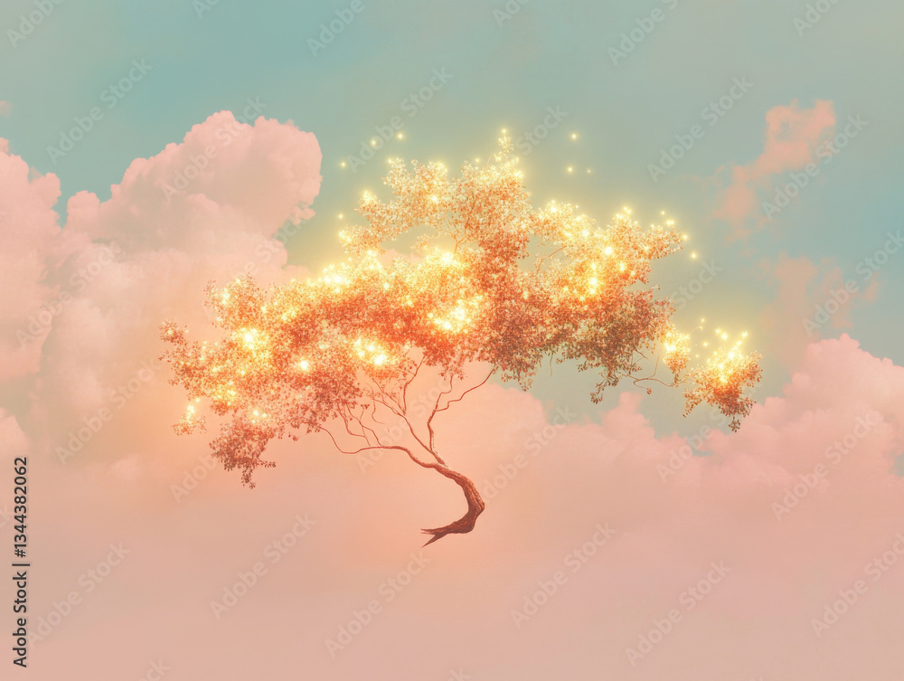 Poster magical floating tree with glowing leaves is set against dreamy pastel sky filled with soft clouds, 