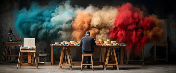 Artist Working with Colorful Paint Powders in Studio