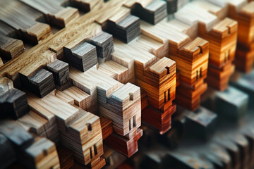 Fototapeta premium Intricate wooden blocks arranged in visually striking pattern showcase blend of natural textures and colors, creating captivating artistic display. craftsmanship highlights beauty of wood