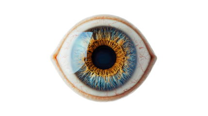 The sclera and eye on a transparent background, a blue iris, a human eye with a hint of red, a very beautiful human eye, a human eye looking directly.