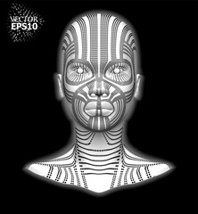 Illustration of a female face with multicolored texture. Illuminated with glow along the contour. Vector illustration