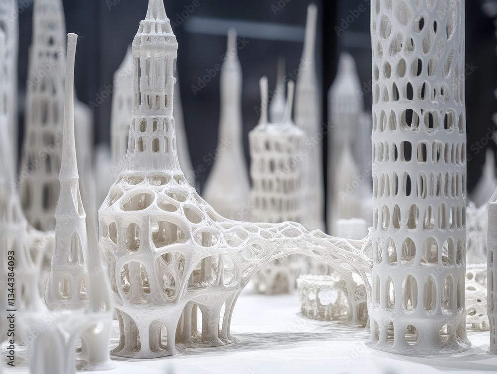 Poster futuristic cityscape featuring intricate 3d printed structures, showcasing unique architectural desi