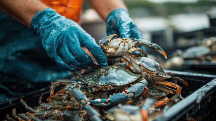 Fresh Blue Crab Harvesting Process in Seafood Market with Fisherman and Crabs
