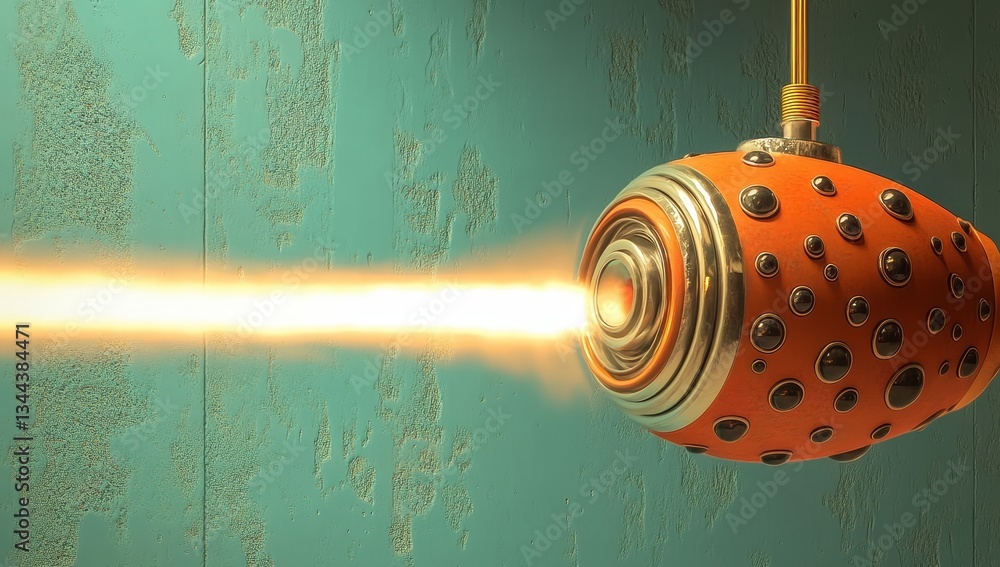 Poster a gold-colored ball is depicted in a 3d rendering as it moves along a trajectory set against a gray 