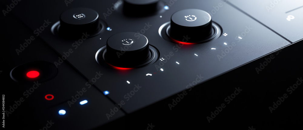 Poster close up of sleek digital interface featuring illuminated knobs and buttons, showcasing modern techn