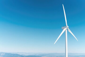 solitary wind turbine stands tall against clear blue sky blades slowly turning with gentle breeze surrounding landscape