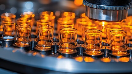 Automated Industrial Process with Glowing Orange Liquid